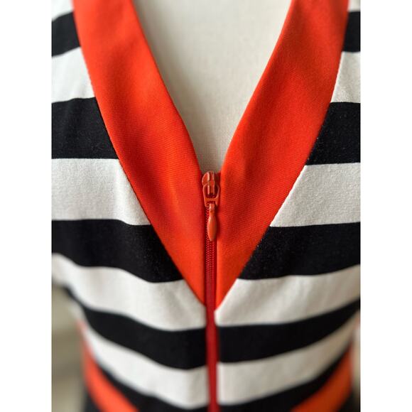 Joseph Ribkoff Black Orange & White Stripe Zipper Front Sheath Dress - Picture 2 of 7